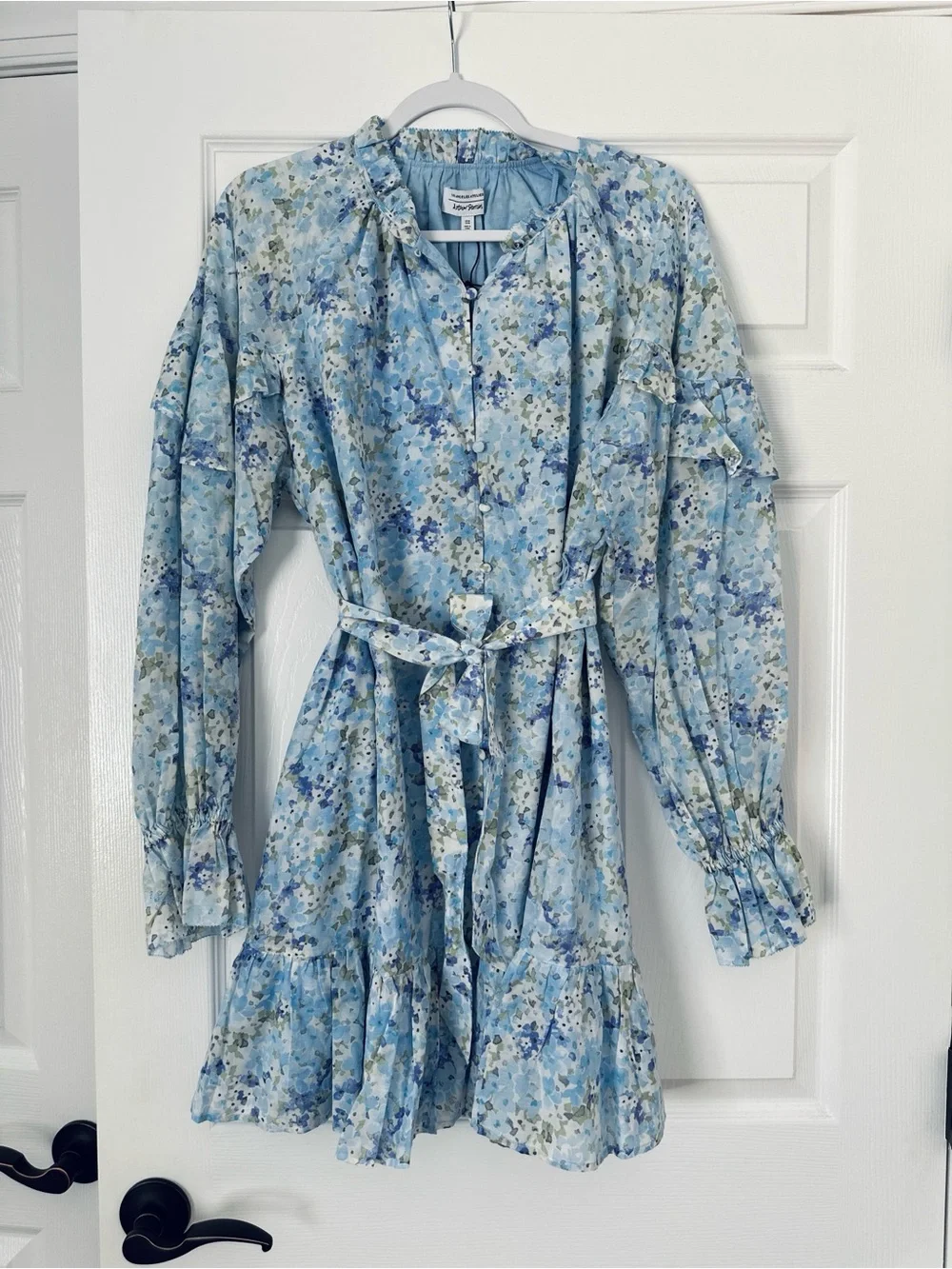 & Other Stories Silk Blue Floral Tie-Waist Mini Dress